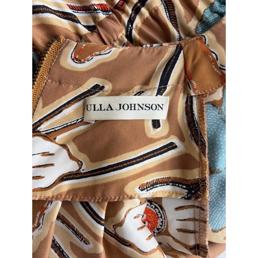 Ulla Johnson Zeenat Silk‎ Floral Batik Tiered Midi Dress Puff Sleeve Copper Sz 4 - Picture 11 of 12